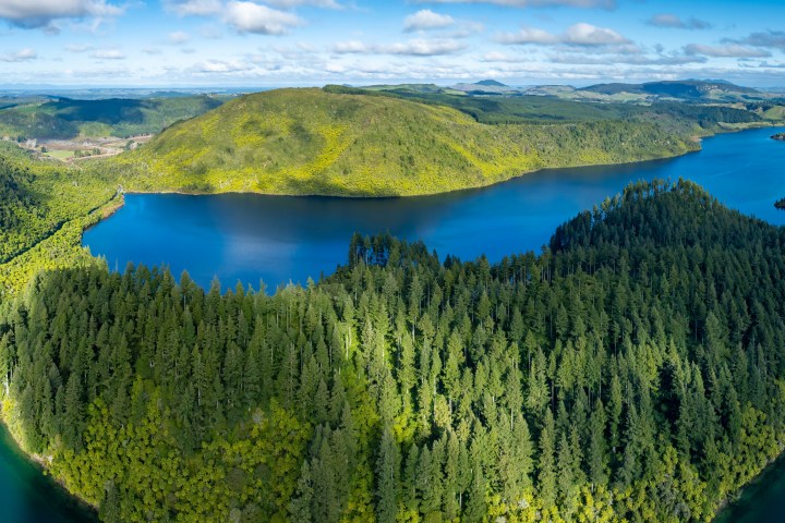 Aerial view of a lush green forest surrounding a large blue lake under a partly cloudy sky.