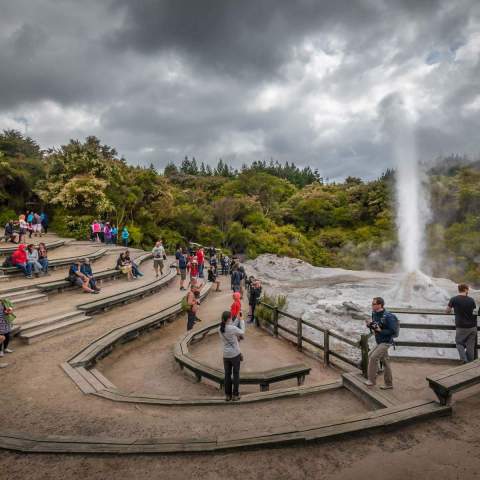 Tourists gather around a geyser with wooden seating and trees under a cloudy sky.