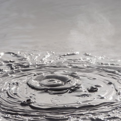 Bubbling mud pool with ripples and steam rising.